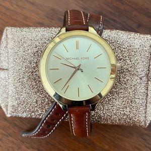 Michael Kors Runway Women's Brown Double Wrap Leather Analog Dial Quartz Watch
